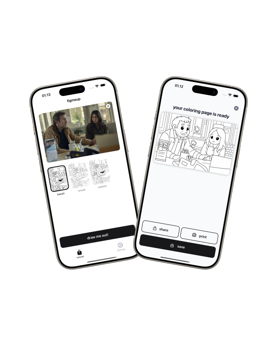 DrawMeOut app interface showing photo to coloring page conversion